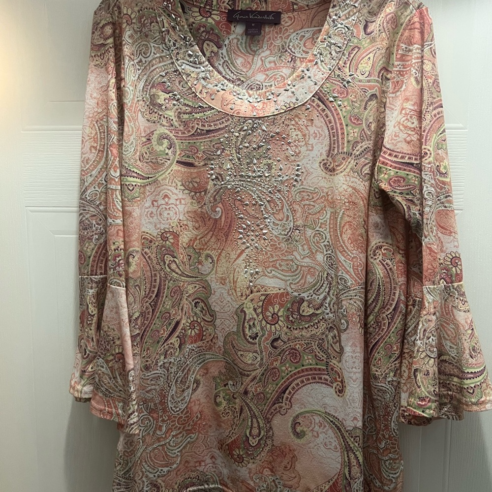 Gloria Vanderbilt Women's Paisley Top with Embellishments and Bell Sleeves.
